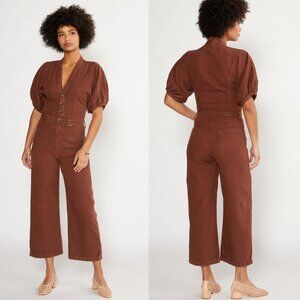 Etica Dark Russet Brown Celeste Wide Leg Puff Sleeve Denim Utility Jumpsuit XS
